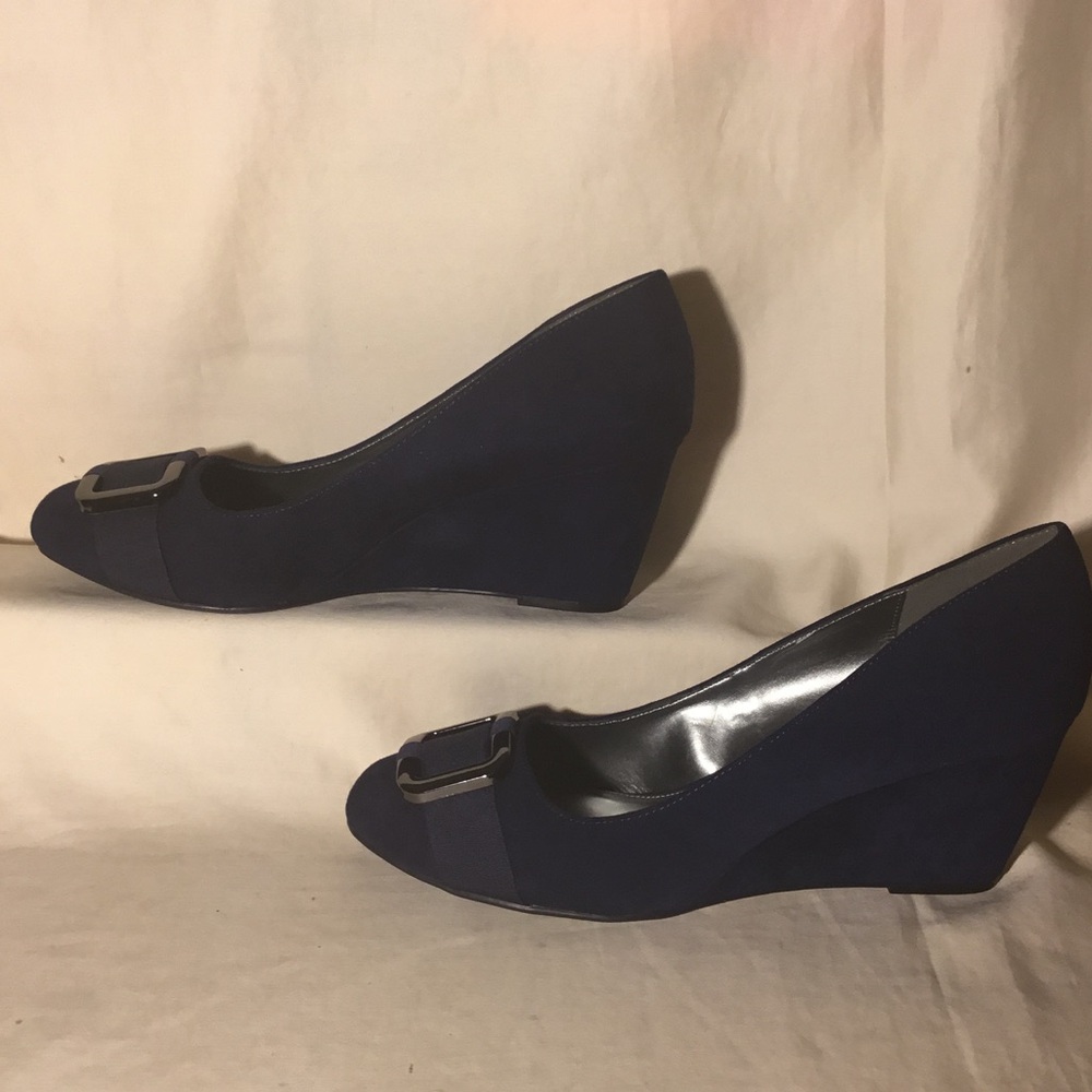 Xappeal Navy Suede Wedge Pumps with Buckle Accent